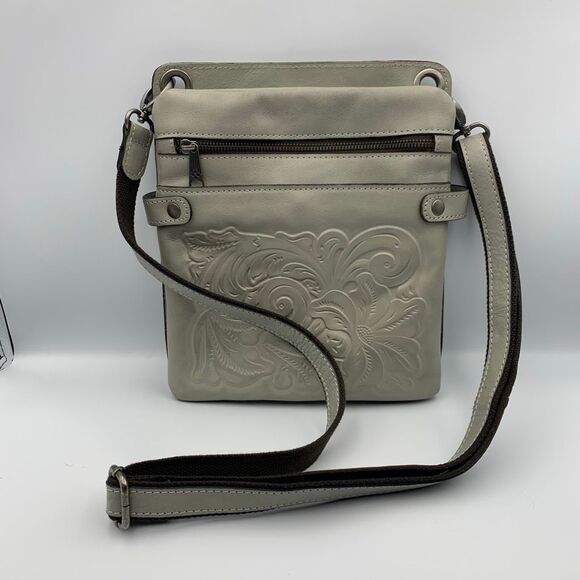 Patricia Nash Burnished Tooled Leather Francesca Organizer Crossbody Bag in Gray - Picture 3 of 12